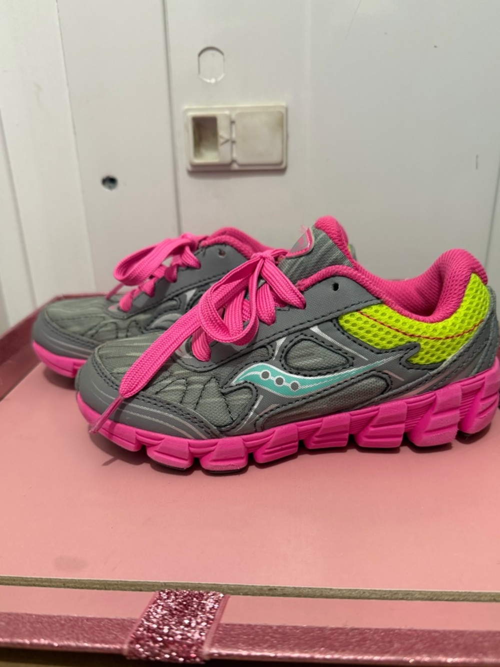 Saucony Kids Gray, Pink & Neon Yellow Sneakers
